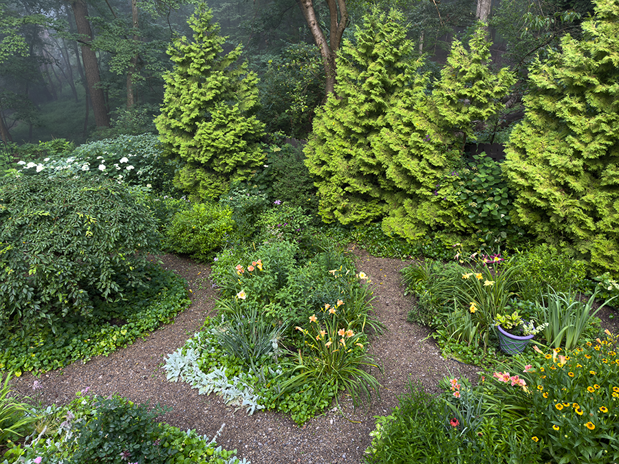 View of the circle garden from the deck in July