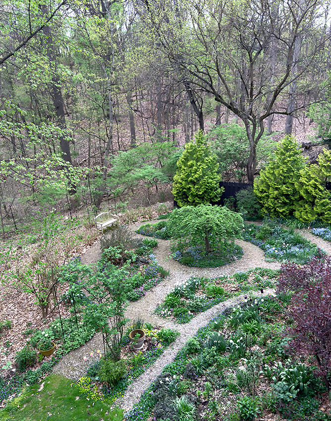 view of April garden from above